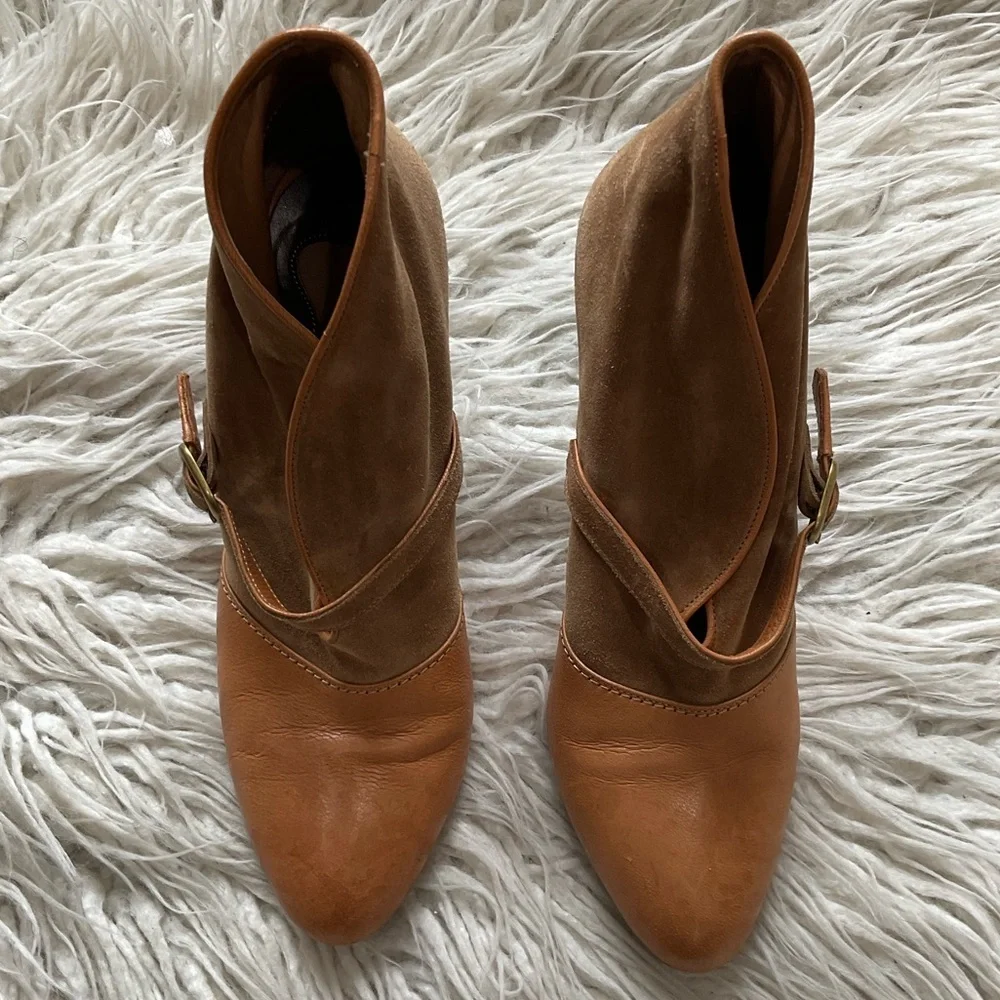 Chloe Tan Suede Leather Switch Color Block Mixed Media High Heel Booties Size 39